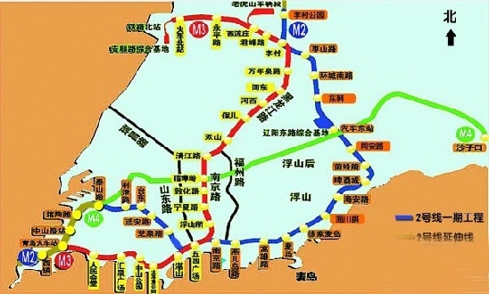 青島地鐵2號線一期工程走向示意圖